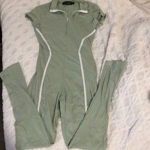 PRETTYLITTLETHING sage striped jumpsuit